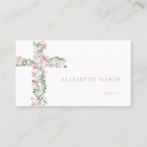 Pink Floral Cross Girl Baptism Place Card