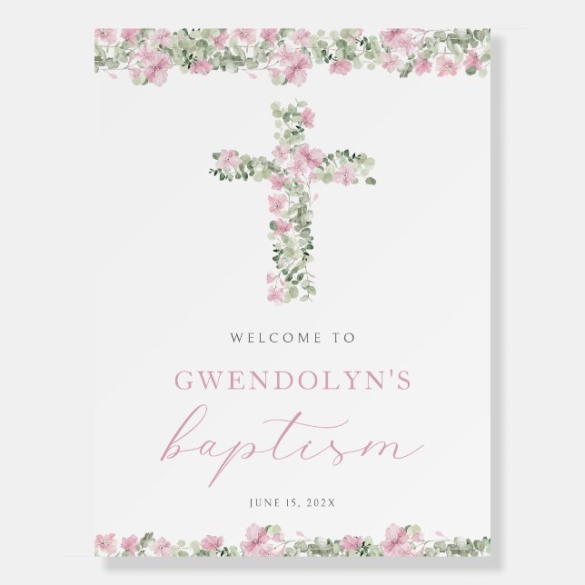 Pink Floral Cross Girl Baptism Welcome Sign (Front)