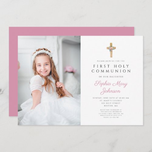 Pink Floral Cross Girl First Communion Photo Invitation