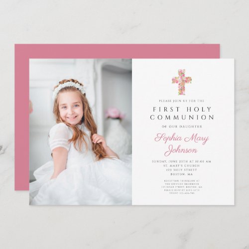 Pink Floral Cross Girl First Communion Photo Invitation