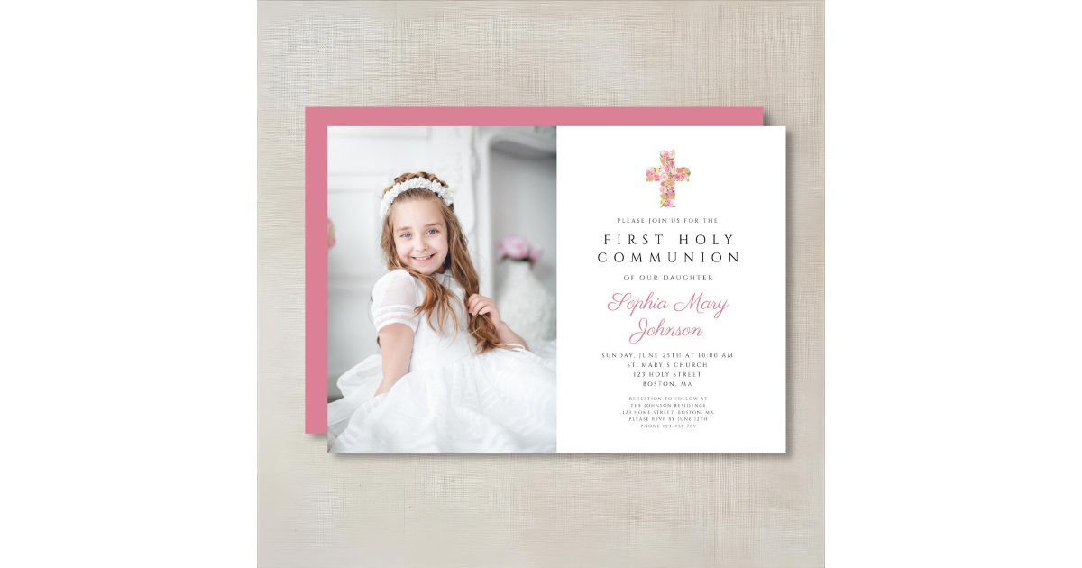 Pink Floral Cross Girl First Communion Photo Invitation | Zazzle