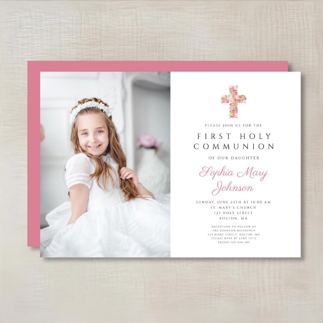 Pink Floral Cross Girl First Communion Photo Invitation (Pink Floral Cross Girl First Communion Photo Invitation)