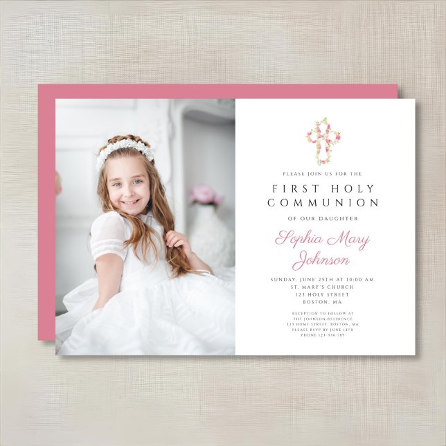 Pink Floral Cross Girl First Communion Photo Invitation (Pink Floral Cross Girl First Communion Photo Invitation)