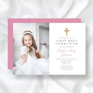 Pink Floral Cross Girl First Communion Photo Invitation