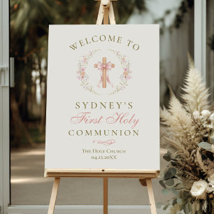 Pink Floral Cross Girl First Communion Welcome Foam Board