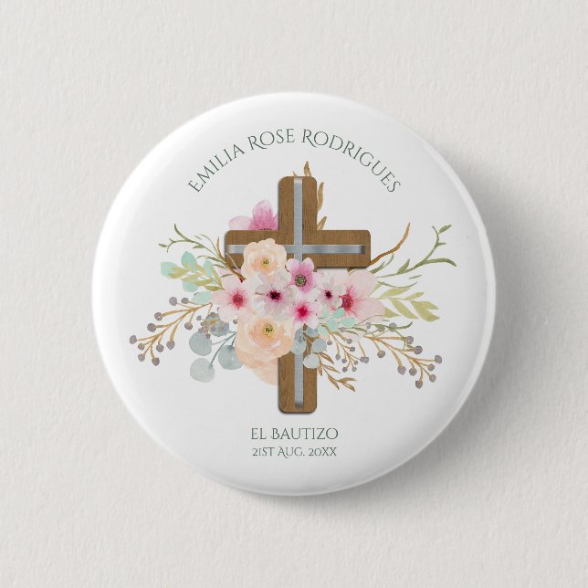 Pink Floral Cross Girls Bautizo Bautismo Baptism Button (Front)