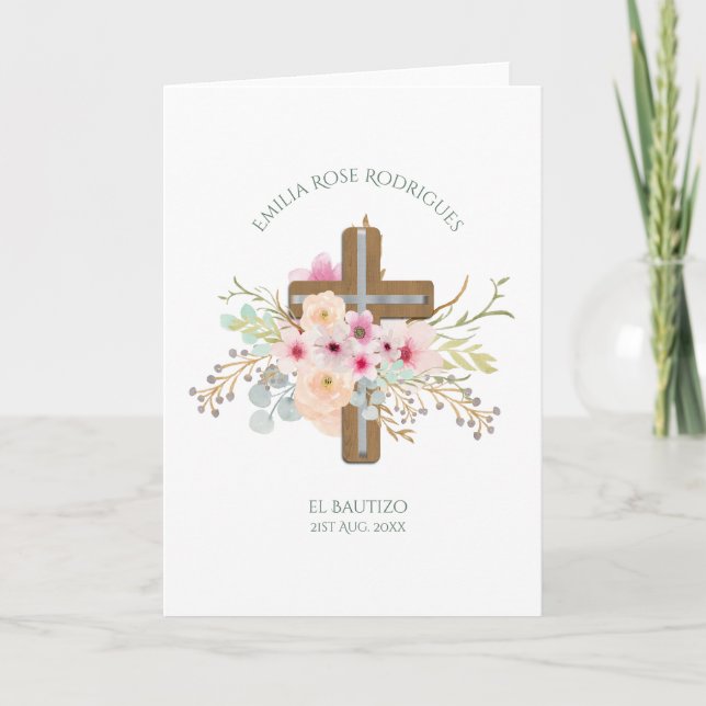 Pink Floral Cross Girls Bautizo Bautismo Baptism Card (Front)