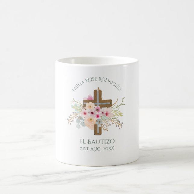 Pink Floral Cross Girls Bautizo Bautismo Baptism Coffee Mug (Center)