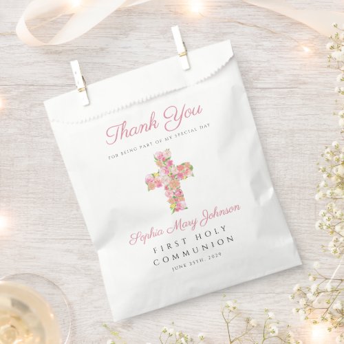 Pink Floral Cross Religious First Communion  Favor Bag