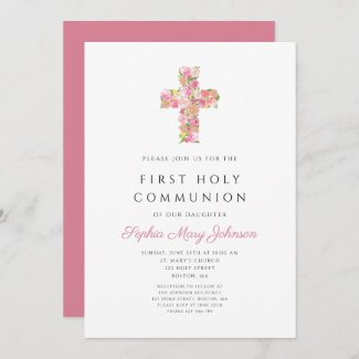 Pink Floral Cross Religious First Communion  