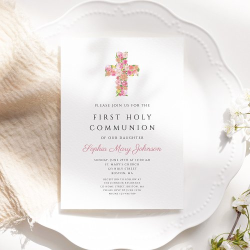 Pink Floral Cross Religious First Communion   Invitation
