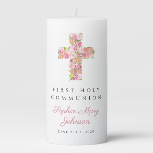 Pink Floral Cross Religious First Communion  Pillar Candle