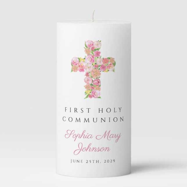 Pink Floral Cross Religious First Communion  Pillar Candle (Front)