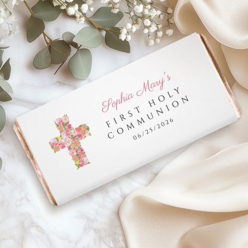 Pink Floral Cross Religious Girl First Communion Hershey Bar Favors