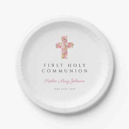 Pink Floral Cross Religious Girl First Communion Paper Plates