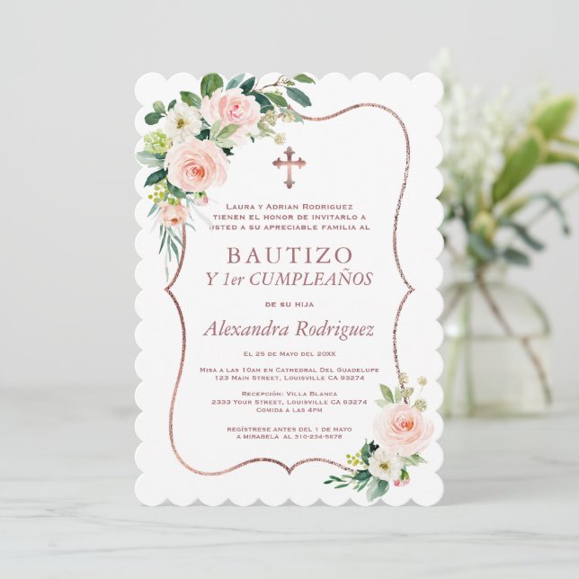 Pink Floral Cross Spanish 1st Birthday Baptism Invitation (Standing Front)