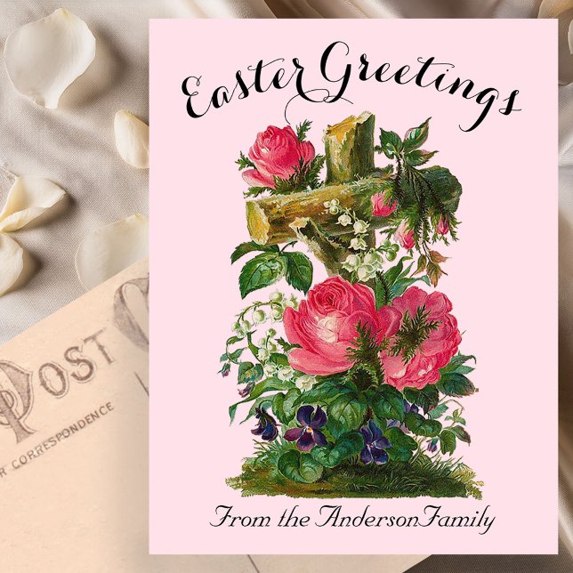 Pink Floral Cross Vintage Easter Religious Postcard (Creator Uploaded)