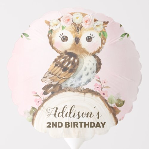 Pink Floral Crown Owl Birthday Balloon