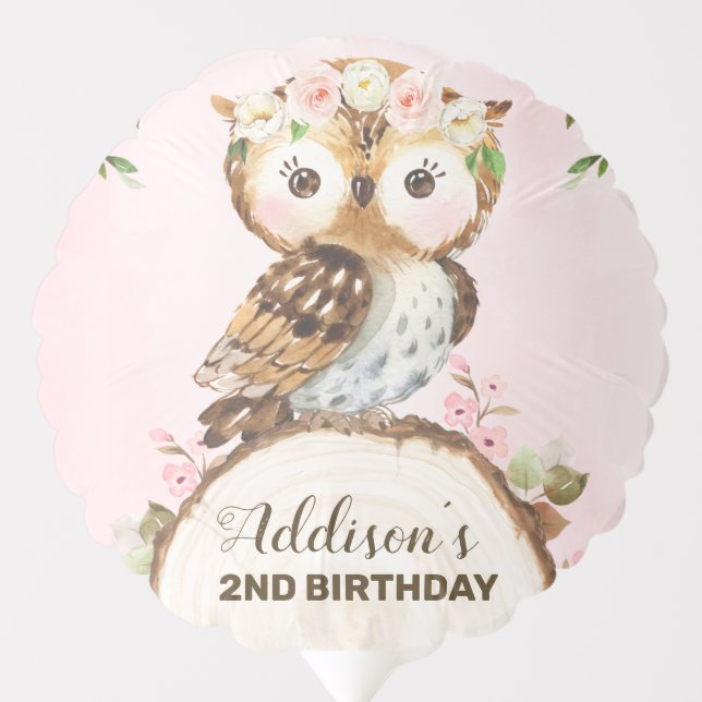 Pink Floral Crown Owl Birthday Balloon (Front)