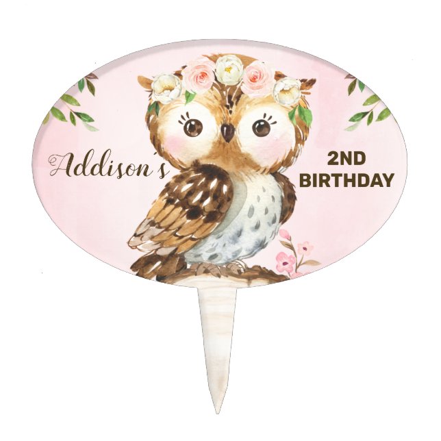 Pink Floral Crown Owl Birthday Cake Topper (Front)