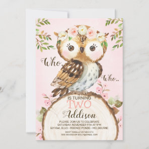 Pink Floral Crown Owl Birthday Invitation