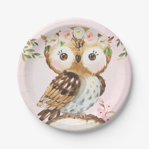 Pink Floral Crown Owl Birthday Paper Plate