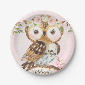 Pink Floral Crown Owl Birthday Paper Plate