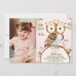 Pink Floral Crown Owl Photo Birthday Invitation
