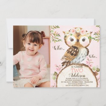 Pink Floral Crown Owl Photo Birthday Invitation by Sugar_Puff_Kids at Zazzle