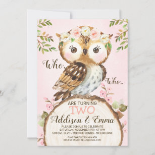 Pink Floral Crown Owl Twins Joint Birthday Invitation