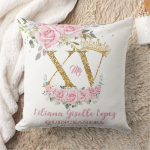 Pink Floral Crown  XV QUINCEAÑERA Quince Keepsake Throw Pillow