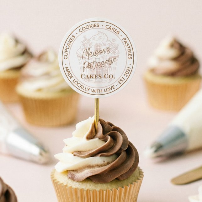 Pink Floral Cupcake Pastry Bakery Business Logo Classic Round Sticker (Pink Floral Cupcake Pastry Bakery Business Logo Classic Round Sticker)