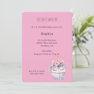 Pink Floral Cupcake Unicorn Birthday Invitation