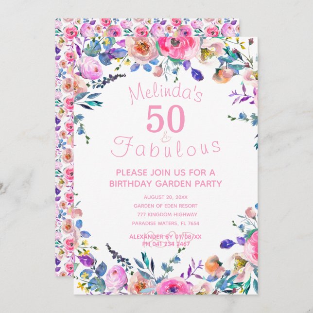 Pink Floral Custom 50 and Fabulous 50th Birthday Invitation (Front/Back)