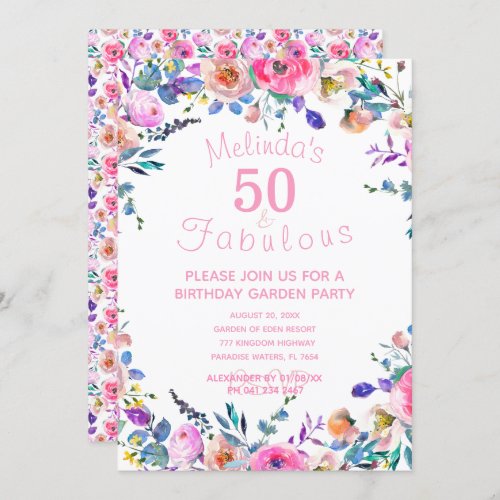 Pink Floral Custom 50 and Fabulous 50th Birthday Invitation