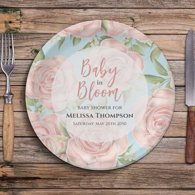 Pink Floral Custom Baby Girl Shower Paper Plates (Baby in bloom pink floral paper plates. )