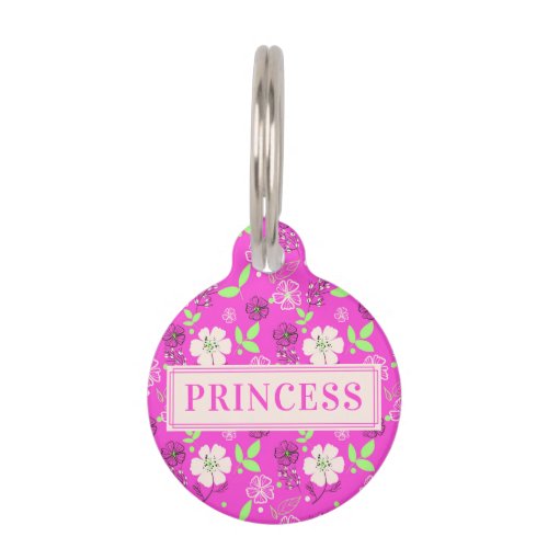 Pink Floral Custom Dog Name Round Pet ID Tag