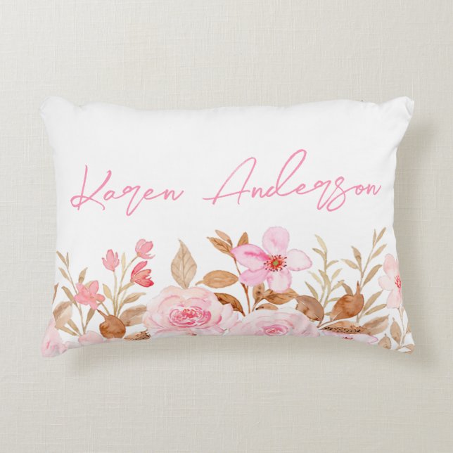 Pink Floral Custom Name Accent Pillow (Front)
