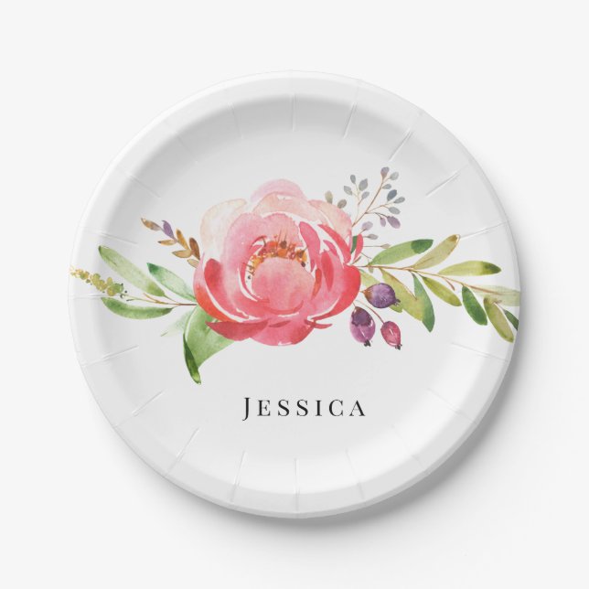 Pink Floral Custom Name Baby Shower Paper Plates (Front)