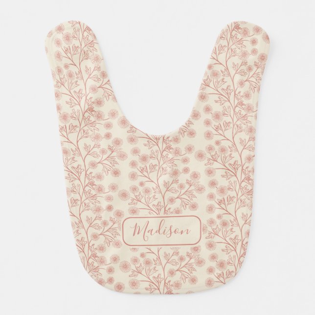Pink Floral Custom Name Cream  Baby Bib (Front)