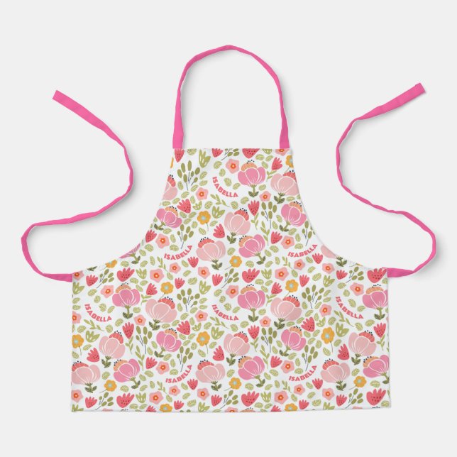 Pink Floral Custom Name Girls Apron (Front)