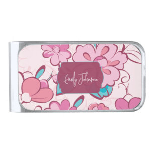 Pink Floral Custom Name Silver Finish Money Clip