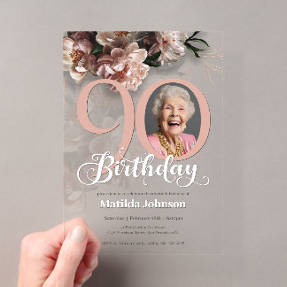 Pink Floral Custom Photo 90th Birthday Acrylic Invitations