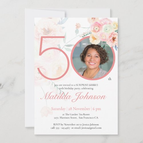 Pink Floral Custom Photo Surprise 50th Birthday Invitation