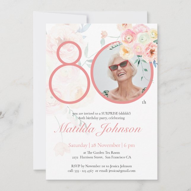 Pink Floral Custom Photo Surprise 80th Birthday  Invitation (Front)