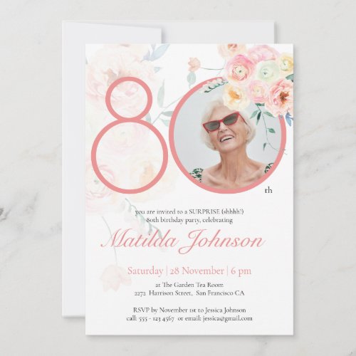 Pink Floral Custom Photo Surprise 80th Birthday  Invitation