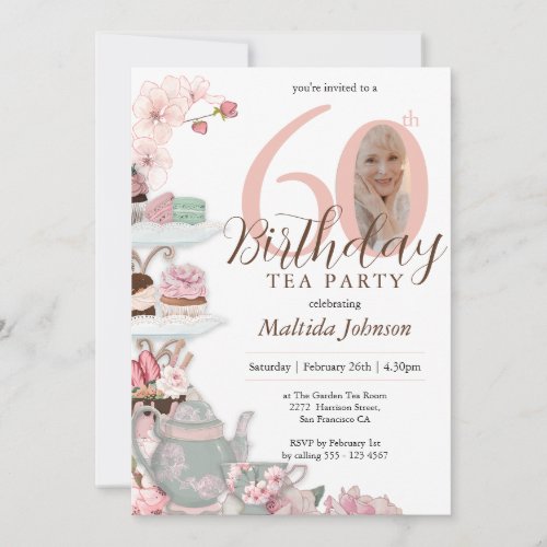 Pink Floral Custom Photo Tea Party 60th Birthday Invitation