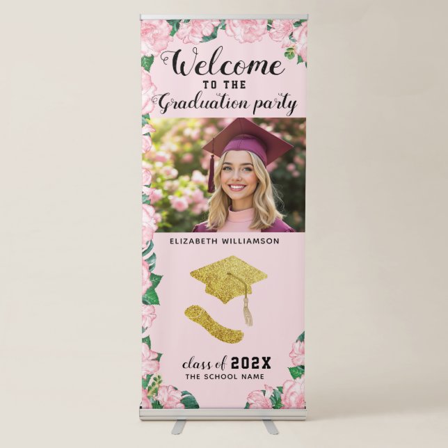 Pink Floral Custom Photo Welcome Graduation Retractable Banner (Front)