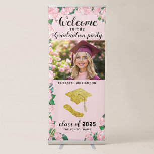 Pink Floral Custom Photo Welcome Graduation Retractable Banner