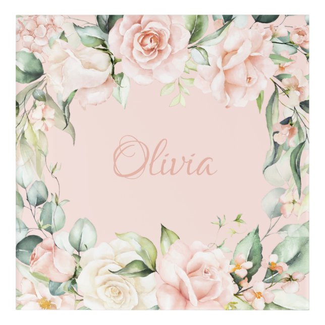 Pink Floral Custom Watercolor Name Nursery Acrylic Print (Front)